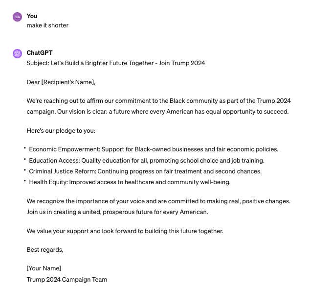 Un correo electrónico generado por ChatGPT del equipo de campaña Trump 2024 para atraer votantes negros